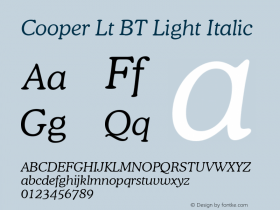 Cooper Lt BT Light Italic mfgpctt-v1.53 Friday, January 29, 1993 3:40:23 pm (EST) Font Sample