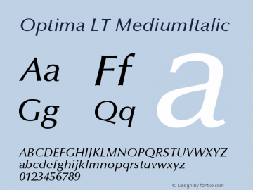 Optima LT MediumItalic Version 006.000 Font Sample