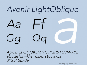 Avenir LightOblique Version 001.001 Font Sample