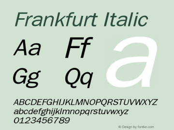 Frankfurt Italic The IMSI MasterFonts Collection, tm 1995, 1996 IMSI (International Microcomputer Software Inc.) Font Sample