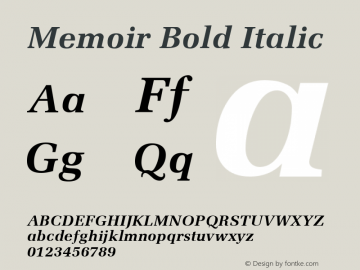 Memoir Bold Italic Accurate Research Professional Fonts, Copyright (c)1995 Font Sample
