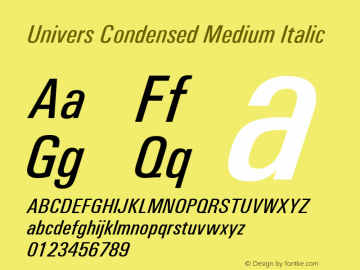 Univers Condensed Medium Italic Version 1.3 (Hewlett-Packard) Font Sample