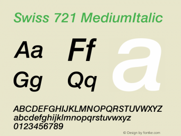 Swiss 721 MediumItalic Version 003.001 Font Sample