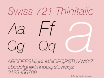 Swiss 721 ThinItalic Version 003.001 Font Sample