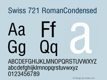 Swiss 721 RomanCondensed Version 003.001 Font Sample