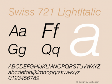 Swiss 721 LightItalic Version 003.001 Font Sample