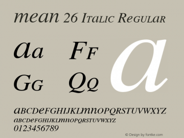 MEAN 26 Italic Regular Macromedia Fontographer 4.1.3 2/22/09 Font Sample