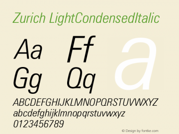 Zurich LightCondensedItalic Version 003.001 Font Sample