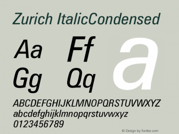 Zurich ItalicCondensed Version 003.001 Font Sample