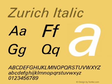 Zurich Italic Version 003.001 Font Sample