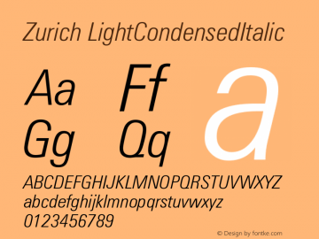 Zurich LightCondensedItalic Version 003.001 Font Sample