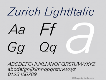 Zurich LightItalic Version 003.001 Font Sample