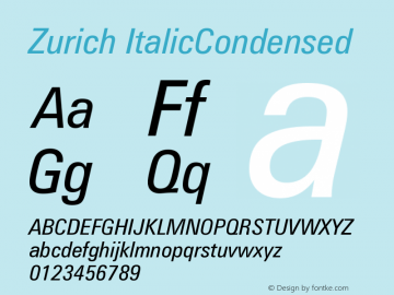 Zurich ItalicCondensed Version 003.001 Font Sample