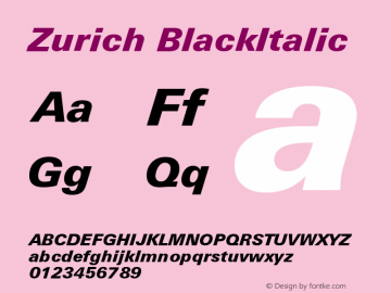Zurich BlackItalic Version 003.001 Font Sample