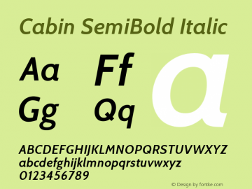 Cabin SemiBold Italic Version 1.006 Font Sample