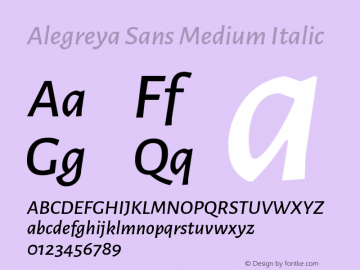 Alegreya Sans Medium Italic Version 1.000;PS 001.000;hotconv 1.0.70;makeotf.lib2.5.58329 DEVELOPMENT Font Sample