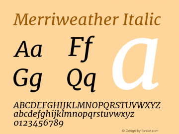 Merriweather Italic Version 1.005; ttfautohint (v0.97) -l 13 -r 13 -G 200 -x 24 -f dflt -w 