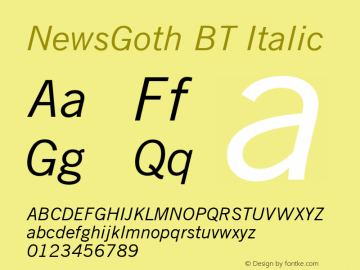 NewsGoth BT Italic mfgpctt-v1.53 Friday, January 29, 1993 10:32:04 am (EST) Font Sample