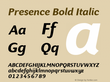 Presence Bold Italic Version 1.0; 1999; initial release Font Sample
