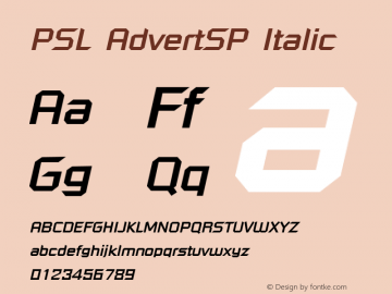 PSL AdvertSP Italic Series 1, Version 3.0, for Win 95/98/ME/2000/NT, release December 2000. Font Sample