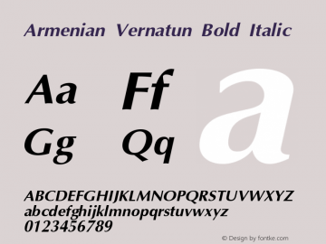 Armenian Vernatun Bold Italic Version 2.9; 1996 Font Sample