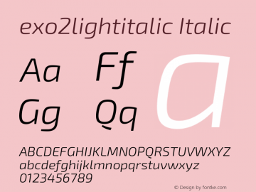 exo2lightitalic Italic Version 1.001;PS 001.001;hotconv 1.0.70;makeotf.lib2.5.58329; ttfautohint (v0.92) -l 8 -r 50 -G 200 -x 14 -w 