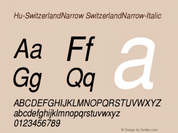 Hu-SwitzerlandNarrow SwitzerlandNarrow-Italic Version 001.000 Font Sample