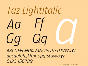 Taz LightItalic Version 001.001 Font Sample