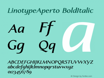 LinotypeAperto BoldItalic Version 005.000 Font Sample