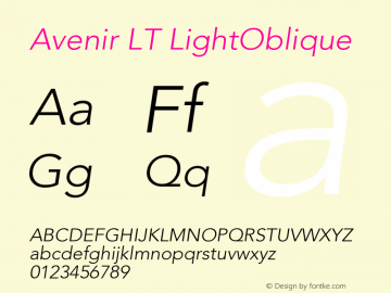 Avenir LT LightOblique Version 006.000 Font Sample