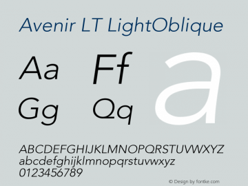 Avenir LT LightOblique Version 006.000 Font Sample