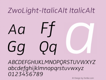 ZwoLight-ItalicAlt ItalicAlt Version 4.313 Font Sample