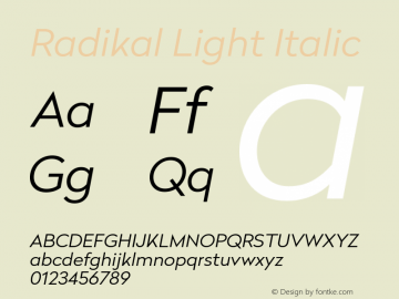 Radikal Light Italic 1.000 Font Sample