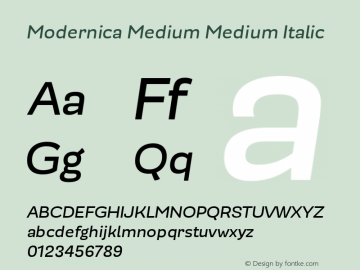 Modernica Medium Medium Italic Version 1.000;PS 001.000;hotconv 1.0.70;makeotf.lib2.5.58329图片样张