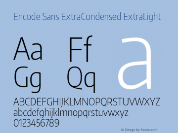 Encode Sans ExtraCondensed ExtraLight Version 1.002; ttfautohint (v1.1) -l 8 -r 50 -G 200 -x 14 -D latn -f none -w G Font Sample