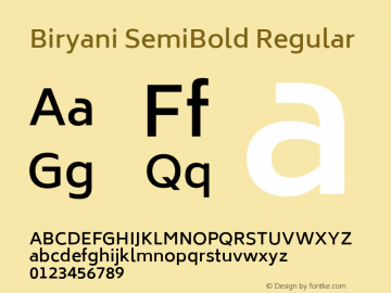 Biryani SemiBold Regular Version 1.004; ttfautohint (v1.1) -l 5 -r 5 -G 72 -x 0 -D latn -f none -w gGD -W -c图片样张