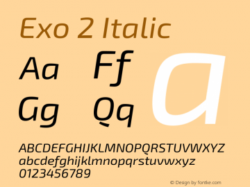 Exo 2 Italic Version 1.001;PS 001.001;hotconv 1.0.70;makeotf.lib2.5.58329; ttfautohint (v0.92) -l 8 -r 50 -G 200 -x 14 -w 