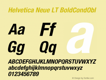 Helvetica Neue LT BoldCondObl Version 006.000 Font Sample