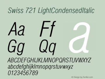 Swiss 721 LightCondensedItalic Version 003.001 Font Sample