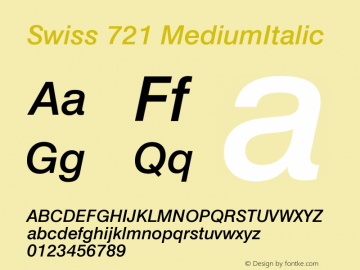 Swiss 721 MediumItalic Version 003.001 Font Sample