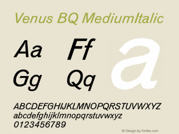 Venus BQ MediumItalic Version 001.000 Font Sample