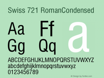 Swiss 721 RomanCondensed Version 003.001 Font Sample
