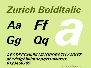 Zurich BoldItalic Version 003.001 Font Sample