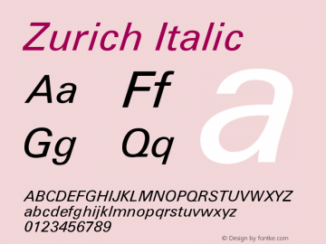 Zurich Italic Version 003.001 Font Sample
