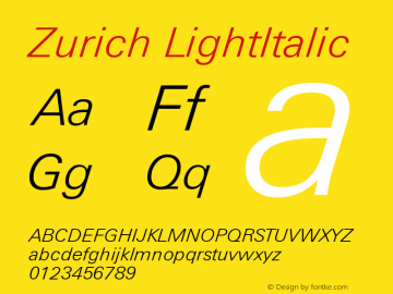 Zurich LightItalic Version 003.001 Font Sample