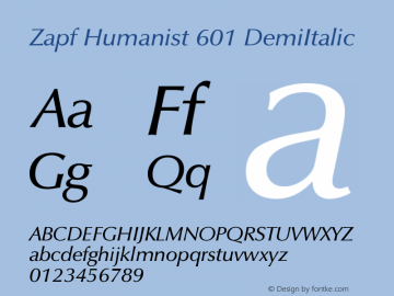 Zapf Humanist 601 DemiItalic Version 003.001 Font Sample