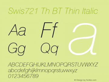 Swis721 Th BT Thin Italic mfgpctt-v4.4 Dec 7 1998 Font Sample