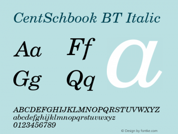 CentSchbook BT Italic mfgpctt-v1.86 Mar 20 1996 Font Sample