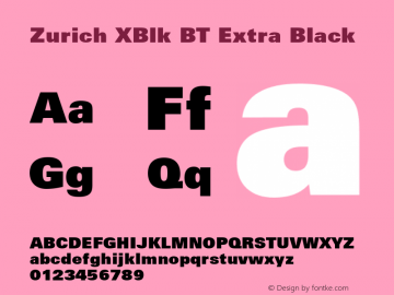 Zurich XBlk BT Extra Black Version 2.001 mfgpctt 4.4 Font Sample