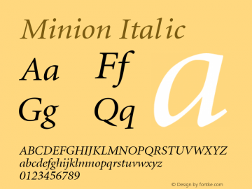 Minion Italic Converted from d:\win\system\MKI_____.TF1 by ALLTYPE Font Sample
